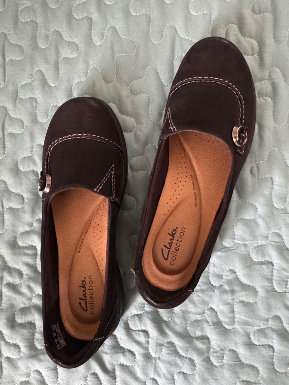 Clarks Women's Dark Brown Suede Slip-On Loafers with Buckle Accent